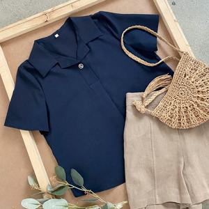 샵앤) 국산 여성 카라넥 루즈핏 반단추 반팔 블라우스 REI-WBL-4590-네이비