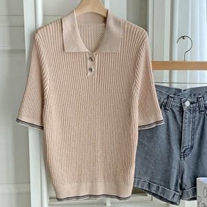 샵앤) 여성 카라넥 골지 베이직 반팔 니트티 DGB-WKN-4554-베이지