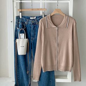 샵앤) 여성 카라넥 잔골지 두줄라인 긴팔 집업 가디건 BONG-WCD-4699-베이지