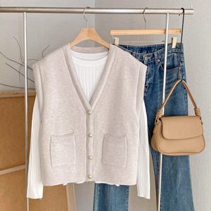 샵앤) 여성 Y금장단추 간절기 레이어드 양포켓 니트 조끼 DGB-WVS-4716-오트밀