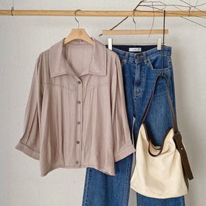 샵앤) 여성 카라넥 밑단주름 앞사선스티치 6부 블라우스 DGB-WBL-4745-베이지