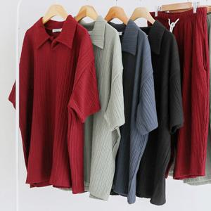 남여공용 여름 카라 플리츠 반팔 티셔츠 5C-KAH-Q055-카키