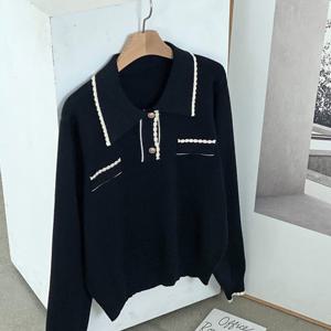 샵앤) 여성 물결 배색 카라넥 반오픈 긴팔 니트티 BONG-WKN-4758-블랙