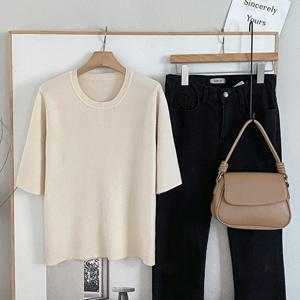 샵앤) 여성 라운드 심플 무지 기본 반팔 니트티 DGB-WKN-4728-아이보리