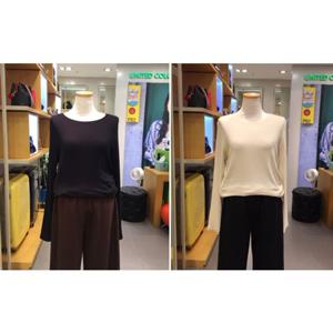 베네통 (BATS91541)스트라이프 버튼 슬릿 라운드넥 티셔츠