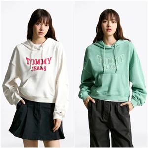 [타미진] T32F7TTO51TWT1 여성 박시 바시티 크롭 후드 티셔츠