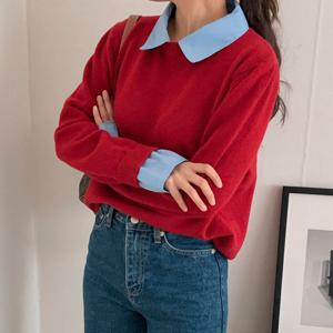 샵앤) 여성 데님레이어드 카라소매 니트 티셔츠 21DS-WKN-3792-레드