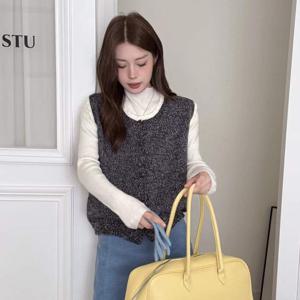 샵앤) 여성 레이스 라운드 단추오픈 레이어드 니트 조끼 21DS-WVS-4894-블랙