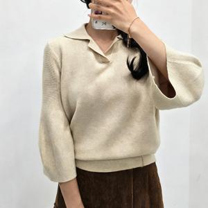 샵앤) 여성 오픈 카라넥 퍼프 7부소매 니트 티셔츠 SIU-WKN-4939-베이지