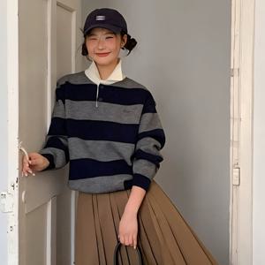 샵앤) 여성 배색 카라넥 단가라 3컬러 긴팔 니트 티셔츠 21DS-WKN-4976-네이비