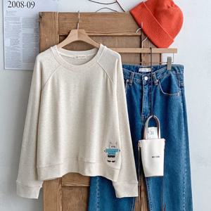 샵앤) 국산 여성 라운드 고양이자수 나그랑 긴팔 맨투맨 FJ-WSH-5051-오트밀