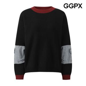 [지지피엑스]배색 라운드넥 소매 포켓 데님 니트 GPBKP027F