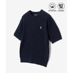 헤리티지 댄 케이블 반팔 라운드 니트 네이비