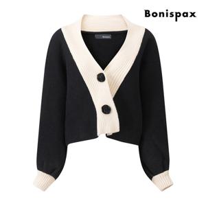보니스팍스  배색 V넥 크롭 니트 가디건 XPBKG008M0