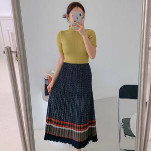 체인 국산 여성 플리츠 간절기 여름 롱스커트 BLE-WSK-3076-그린