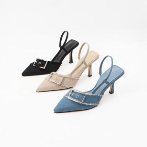 [신난다슈]여성 슬링백힐 8cm 여자 슬링백 구두 펌프스힐 하이힐 데님 스틸레토 JM243001