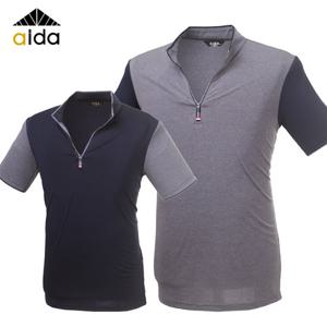 아이다 카치온 소매 배색 반집업 반팔티셔츠_E2-2M022