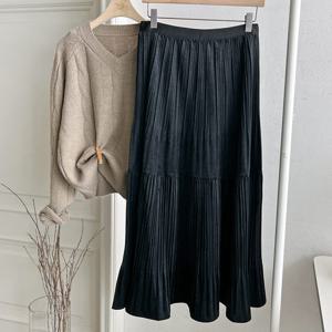 샵앤) 여성 2단 플리츠 밴딩 롱 스커트 DGB-WSK-3824-블랙