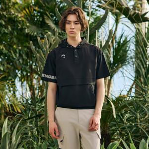 [챌린저] 남성 빅로고 프린트 후드 반팔 우븐탑 블랙