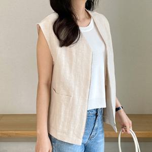 샵앤) 국산 여성 빅포켓 레이어드 민소매 린넨 집업 조끼 SML-WVS-4435-크림