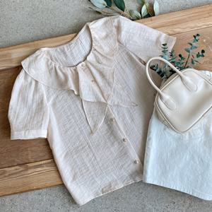 샵앤) 국산 여성 텐셀 프릴넥 여름 반팔 블라우스 REI-WBL-4578-베이지