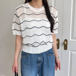 샵앤) 국산 여성 라운드넥 웨이브 줄무늬 펀칭 반팔 니트티 21DS-WKN-4614-화이트