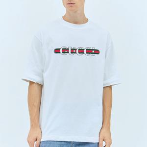 25 FW 구찌 드롭숄더 라운드넥 코튼 저지 로고 프린팅 티셔츠 화이트 784361 XJGKB 9074