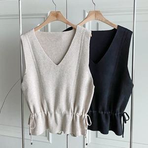 샵앤) 여성 V넥 허리조절 레이어드 잔골지 니트 조끼 BONG-WVS-4760-베이지