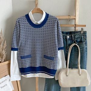 샵앤) 여성 배색 라운드 트위드 반팔 니트티 DGB-WKN-4720-블루