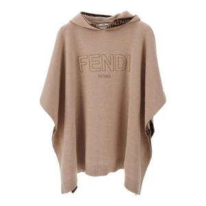 FENDI KIDS Beige Hooded Cape with Logo Lettering on the Front in Wool Girl JUQ068AVGCF0QB9