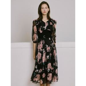 [샤틴]플라워 프린트 벨티드 원피스/S253B654