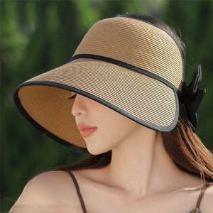 은창)와이드 챙 로맨틱 리본 밀짚 선캡 모자 여름 썬