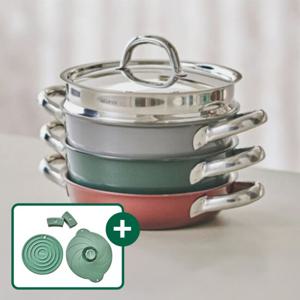 알레보 디엣지 클리어 컬러 인덕션 통3중 스텐 냄비 (실리콘 손잡이 냄비받침 뚜껑 포함)