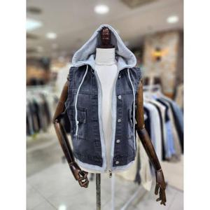 스테파니 세이브존08 후드 배색 청 조끼 A25DM5101