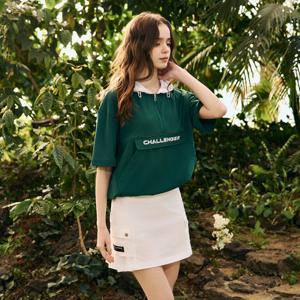 [챌린저] 여성 빅포켓 에어리 폴리 후드 반팔 우븐탑 다크그린