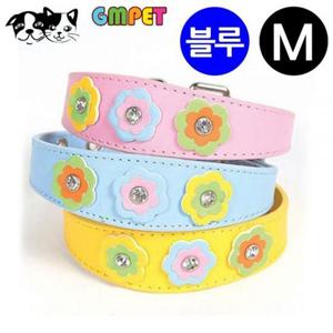 개줄 지엠펫 샤이니 플라워 가죽목줄 블루 (M) (강아지 목