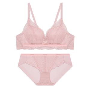 볼륨 메이커 레이스 노와이어 브라팬티세트 - 라이트핑크