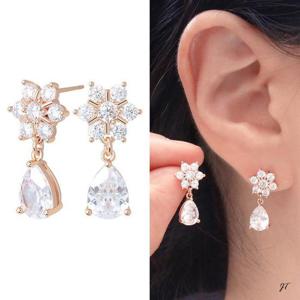 14K 골드필드 핀 블링 큐빅 꽃 드롭 귀걸이