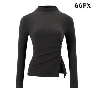 [GGPX]반하이넥 옆 셔링 버튼 긴팔 티셔츠 (GPDLW002D)