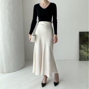 실키 샤틴 하이웨스트 여자 새틴 실크 롱 스커트 치마