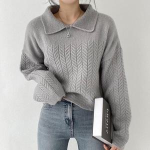 [깨비몰] 여성 헤링본 패턴 카라 크롭 니트 티셔츠