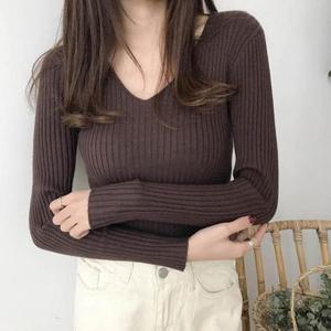 골지 니트 긴팔 티셔츠 여성 브이넥 슬림핏