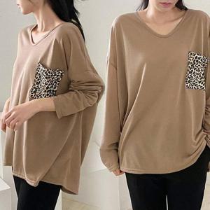 빅사이즈여성의류 레오파드 포켓 긴팔 루즈핏 티셔츠 NOK337