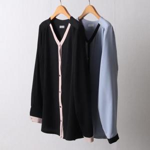 빅사이즈사랑해요 I360L402 배색브이넥블라우스 BG