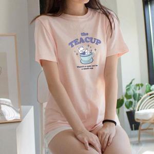 [험블스튜디오] 고양이 프린트 여성면티 롱 반팔티