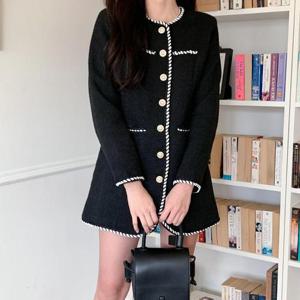 라운드넥 트위드 배색 원피스 진주 자켓 하객룩