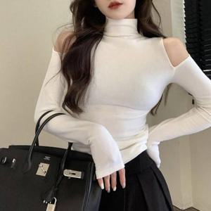 G126505_하이넥 컷아웃 오프숄더 안기모 스판티셔츠