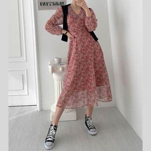 쉬폰 레이스 플레어 셔링 긴팔 롱 원피스 코디 룩