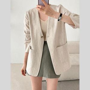 노카라 긴팔 브이넥 싱글 오버핏 린넨 하프 자켓 코디