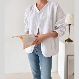 긴팔 루즈핏 노카라넥 린넨 마 자켓 코디 룩